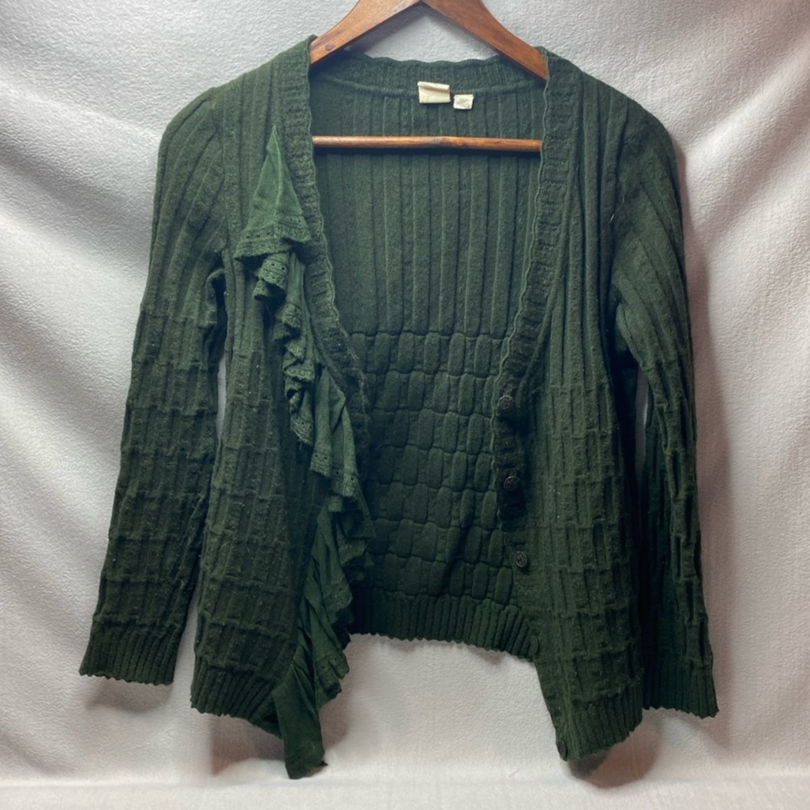Anthropologie Yellow Bird Green Button Front V Neck Wool Blend Sweater Size Med